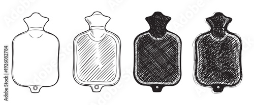 Graphic representation of rubber hot water bottles depicted in multiple sketch and textured styles for wellness related publications or comforting merchandise labels