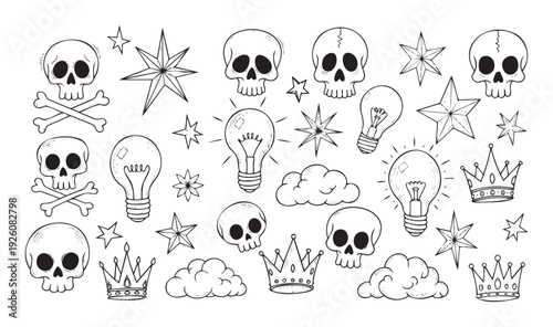 A fun assortment of hand drawn skulls, bright light bulbs, sparkling stars, soft clouds, and majestic crowns perfect for adding unique flair to various print and digital designs