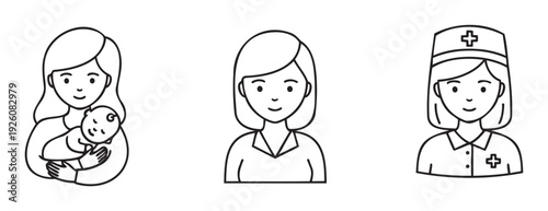 Versatile line icons portraying womens roles including a caring mother holding her baby, a focused professional, and a dedicated nurse, perfect for various graphic applications