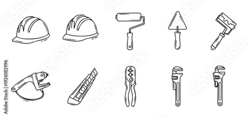 Essential construction and renovation hand tools set for building, DIY projects, home improvement, and repair services to showcase industrial equipment and professional craft