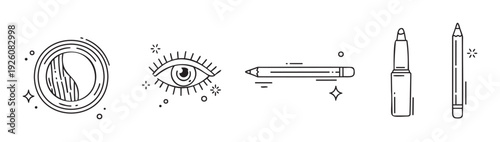 Modern black and white line icons representing various makeup essentials such as eyeshadow, stylized eye, precise eyeliner pencil, and elegant lipstick for cosmetic packaging and personal
