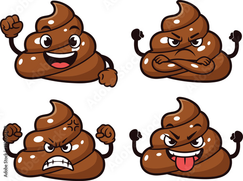 Funny cartoon poop emoji character set, different emotions and expressions, humor illustration, vector design for stickers