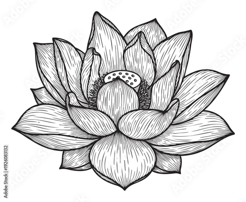Detailed botanical line drawing of a lotus flower, perfect for holistic branding, spa decor, yoga studio signage, or elegant print material