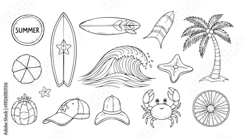 Handdrawn collection of summer vacation icons featuring surfboards, palm trees, sea creatures, tropical fruits, and beach hats perfect for travel branding and holiday decorations
