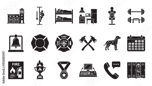 Comprehensive set of firefighter professional elements and daily life activities featuring station building, equipment, training, symbols, and emergency tools for safety and public service