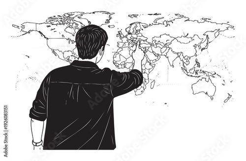 Person from behind pointing at a detailed world map highlighting specific global regions suitable for travel planning, business strategy, or educational geography lessons