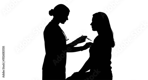 Silhouette of a female doctor or nurse giving a vaccine injection to a patient in a clinic