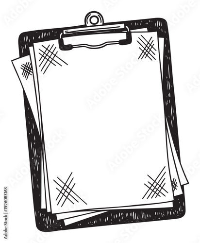 Hand drawn black and white graphic showing a sturdy clipboard holding multiple blank pages with a secure metal clip, perfect for office supplies and planning visuals.