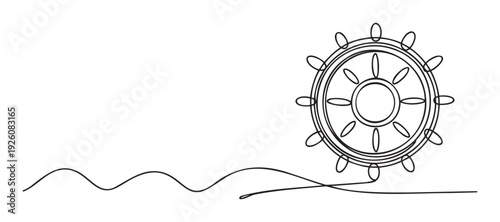 Continuous line drawing of a ship steering wheel with a flowing wavy path, symbolizing maritime travel and guidance, useful for navigation concepts or inspirational journey content.