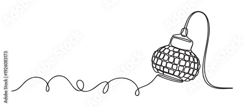 A continuous single line drawing of a shiny disco ball hanging from a cable, creating a dynamic visual for music events, party invitations, or entertainment advertisements