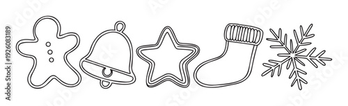 Festive holiday outlines featuring gingerbread man, bell, star, stocking, and snowflake shapes perfect for Christmas season decorating and DIY craft projects