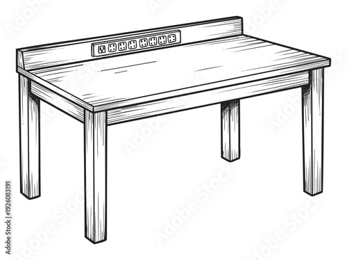 Sturdy wooden workbench with integrated power outlets for various tools and devices, ideal for workshop environments, home office setups, or educational illustrations requiring practical