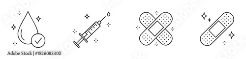 Outline health and medical icons featuring syringe, clean liquid drop with checkmark, and band aids with sparkling effects, perfect for healthcare applications and wellness promotion.