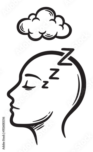 Black outline drawing depicting a persons head in peaceful slumber with Zzz symbols and a thought cloud for representing dreams, relaxation, or sleep related applications