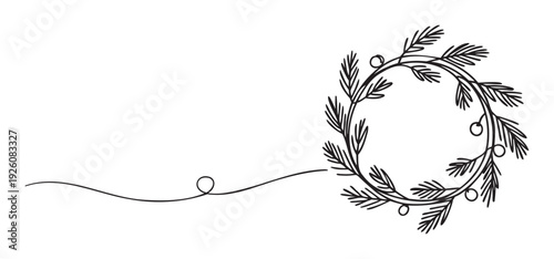 Minimalist black line drawing of a festive winter holiday wreath created with pine branches and berries, perfect for seasonal greetings, event invitations, and celebratory marketing