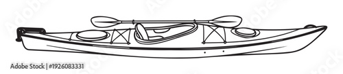 Sleek black outline drawing of a recreational kayak with a paddle secured on top, perfect for promoting water sports adventures, outdoor travel, and active lifestyle campaigns.