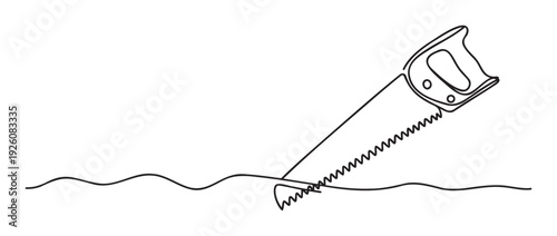 Minimalist one line drawing of a hand saw making a cut into a wavy material, perfect for conveying concepts of construction, renovation, or home improvement projects.