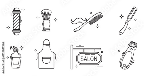 Essential barbershop and hair salon tools collection for professional grooming services, ideal for branding, web graphics, and print media