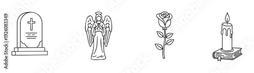 Spiritual remembrance and mourning line art symbols including a gravestone with cross, praying angel, single rose, and burning candle on a sacred book, useful for funeral announcements or