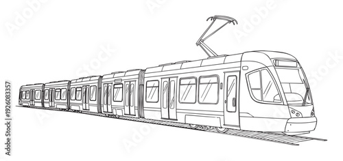 Modern light rail train line drawing for urban public transport projects, city infrastructure planning, and educational materials about modern metropolitan transit systems