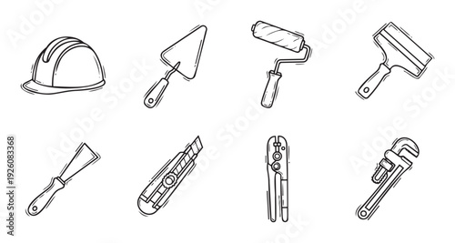 Collection of essential construction and renovation tools for various building projects and home improvement tasks, ideal for web icons and DIY guides