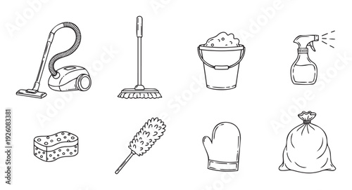 Collection of essential household cleaning equipment and sanitation supplies in outline icon style perfect for domestic chore guides hygiene service advertisements and home maintenance