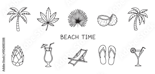Explore a cheerful collection of handdrawn tropical vacation and beach time elements, perfect for creating summer holiday invitations, travel event posters, or leisurethemed graphic designs.