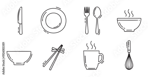 Set of kitchen and dining essential line icons showing a knife, plate, fork, spoon, steaming bowl, empty bowl, chopsticks, hot mug, and whisk, ideal for culinary websites, restaurant
