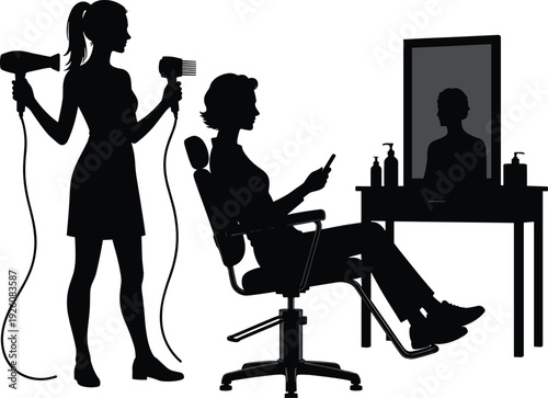 Silhouette hairdresser styling woman hair in beauty salon, professional hairstylist with hairdryer and client at mirror, black and white vector illustration