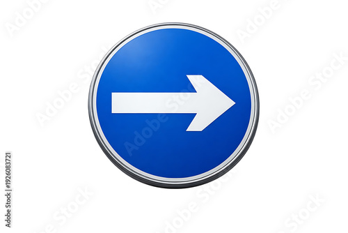 Free Download Blue directional sign with white arrow pointing right on circular metallic signboard - GFXLoad