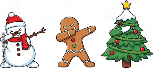 Funny Christmas dabbing characters set, snowman gingerbread man tree illustration, holiday humor vector design