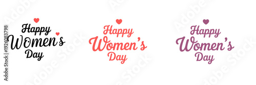 Three Happy Womens Day Text in Black Red and Purple with Heart Symbols