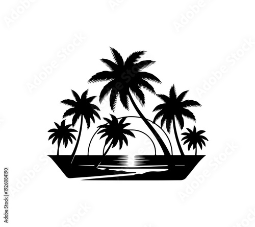 Serene tropical island getaway with swaying palm trees at sunset