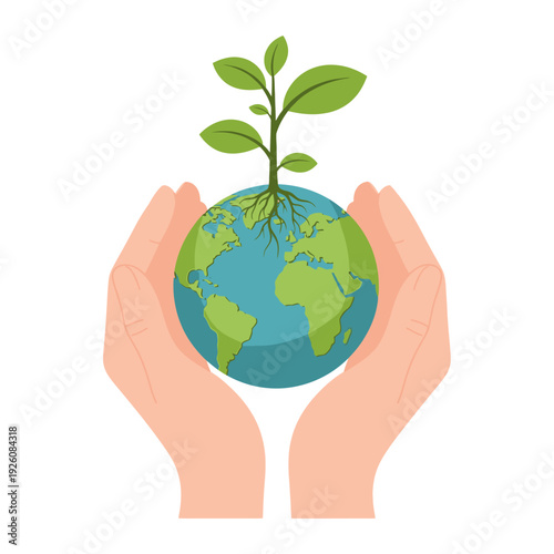 Hands holding planet earth with a growing plant, symbolizing environmental care and growth.