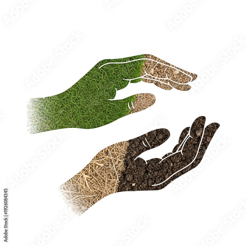 Hands nurturing nature: grass and soil blend into open palms, protection concept