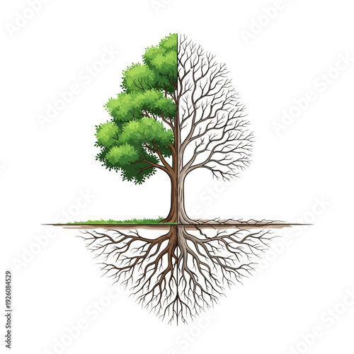 Split Tree: Life and Death, Growth and Decay, Seasons, Roots, Nature Concept