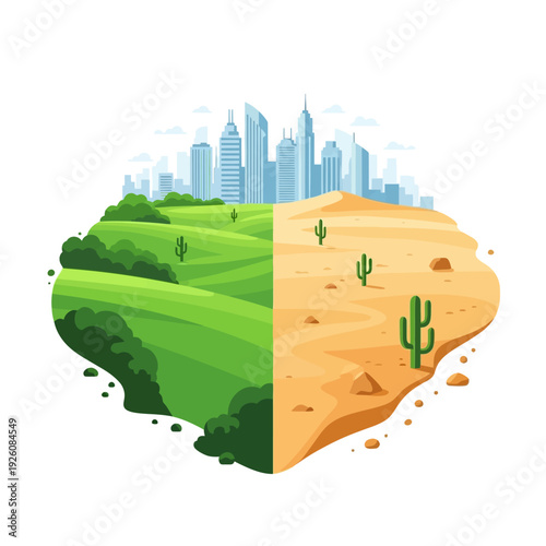 Urban sprawl vs. desert landscape split view, contrast, city growth, environmental change