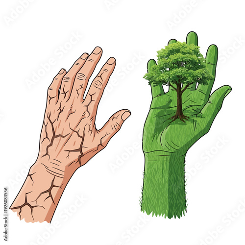 Cracked Hand vs. Green Hand with Tree: Symbolizing Nature's Contrast and Renewal
