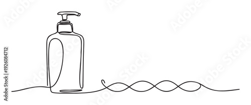 Simple continuous line drawing of a pump dispenser bottle for hand soap or sanitizer, transitioning into a wavy molecular helix, excellent for health and personal care promotions.