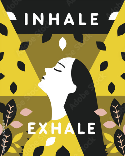 Woman inhaling and exhaling with eyes closed peacefully.