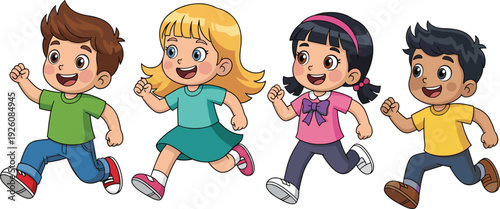 Happy cartoon kids running together, active children illustration, playful teamwork concept, education and fitness vector design