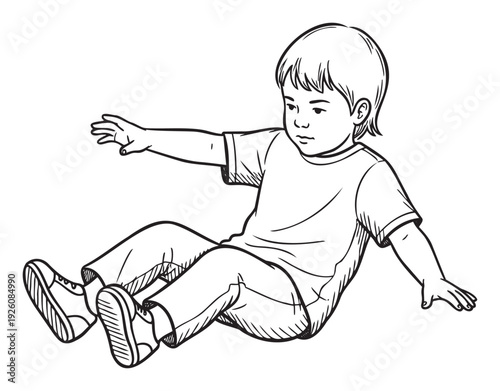 Sweet young child boy sitting on the floor with arms extended for balance or playing, ideal for use in kids activity books, early education materials, or parenting related content.