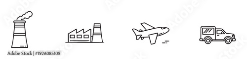 Visual set of simple line drawings depicting an industrial smokestack, manufacturing plant, passenger aircraft, and pickup truck for illustrating energy, industry, and transport themes