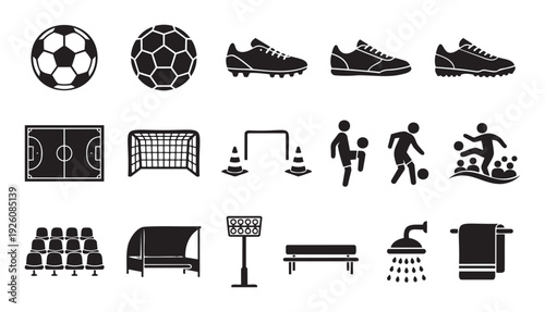 Comprehensive collection of soccer related icons including balls, shoes, field, goal, players, and stadium facilities, perfect for sports apps, websites, and informational graphics