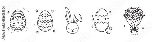 A collection of simple black outline Easter celebration icons featuring decorated eggs, a cute bunny face, a cracked egg, and a fresh spring flower bouquet, perfect for holiday greetings,