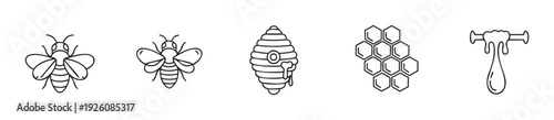 Collection of essential bee and honey themed line icons perfect for beekeeping industry branding, organic food product packaging, educational materials, or farm market advertisements