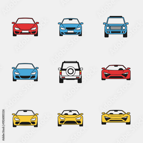 Set of Nine Simple Car Icons in Red, Blue, and Yellow Colors on isolated white background