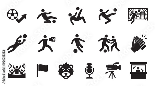 A versatile collection of soccer and football sports activity icons, showcasing game actions, player movements, fan reactions, and media coverage, suitable for various digital design