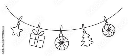 Simple outline of festive Christmas decorations hanging on a string, perfect for holiday greetings, winter event promotions, or seasonal graphic projects.
