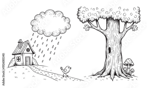 Whimsical handdrawn countryside scene depicting a cozy house with a cloud raining, a bird walking on a path, and an old tree with mushrooms, ideal for childrens books and gentle educational
